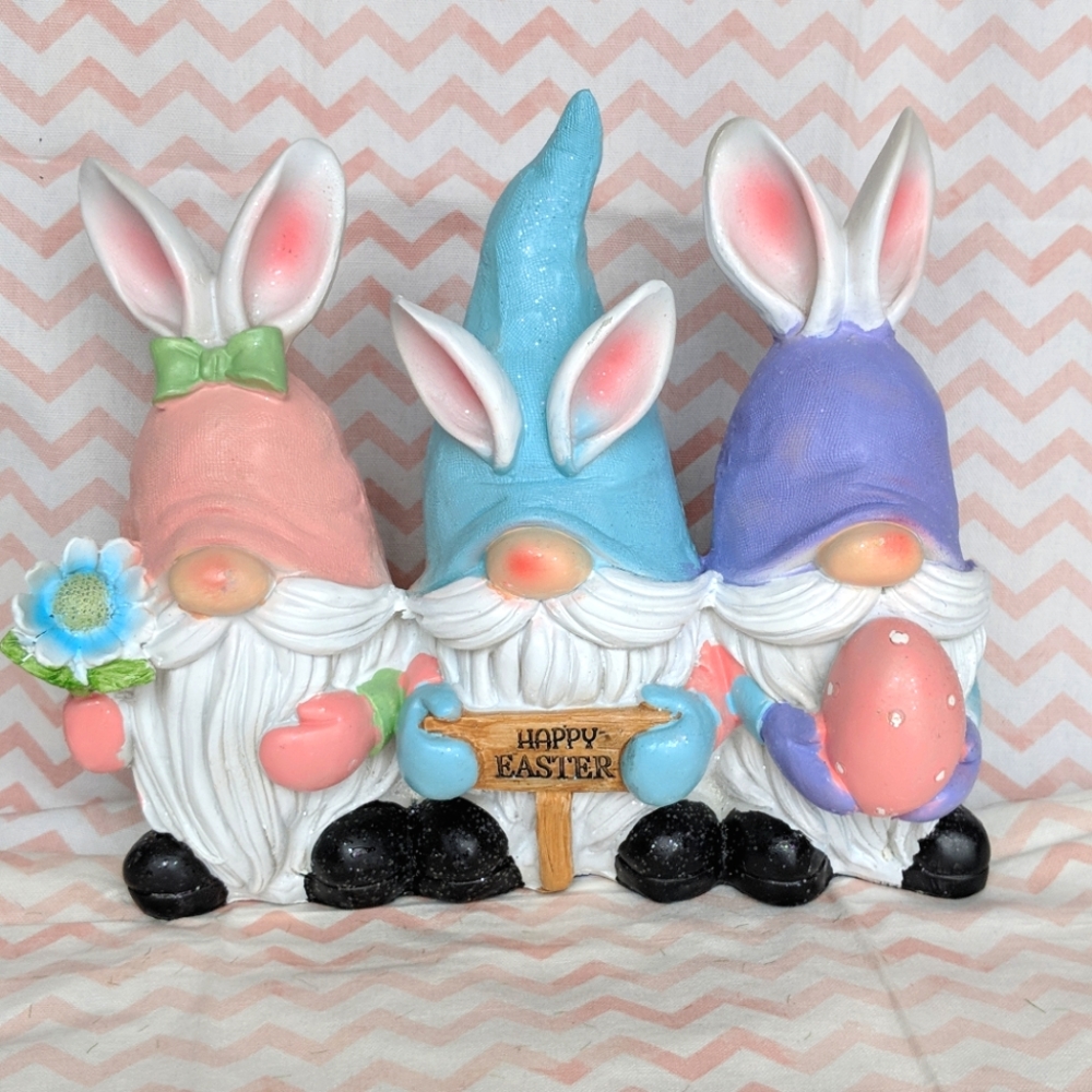 New -  3 Gnomes with Happy Easter Sign - 11" wide x 9" high